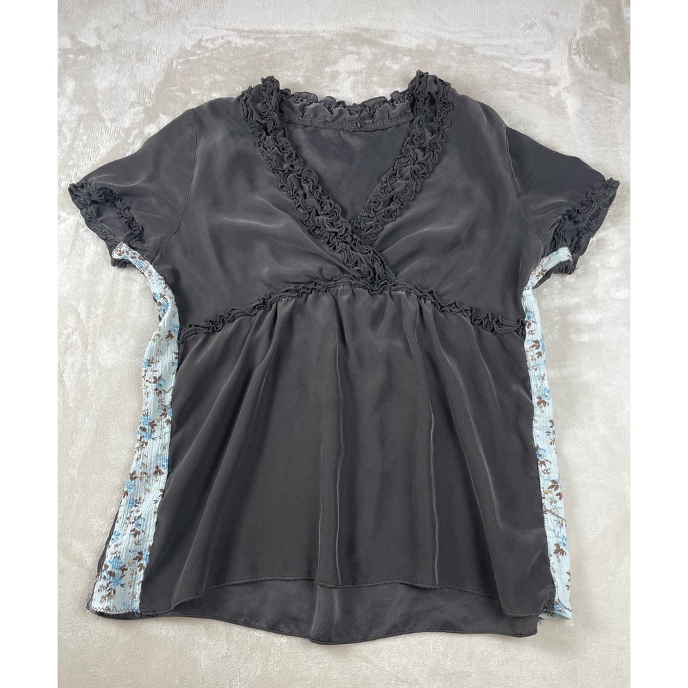 Silk Ruffle V-Neck Empire Waist Blouse  Blue Floral Side Panels Women's Small